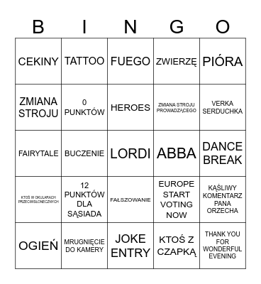 Eurowizja 2024 Bingo Card