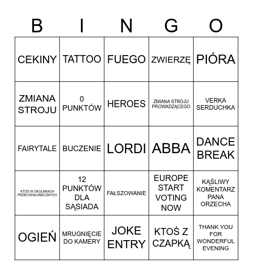 Eurowizja 2024 Bingo Card