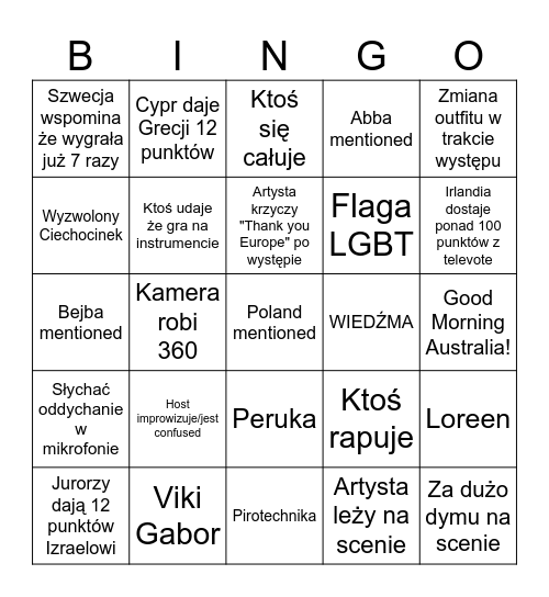 eurowizja Bingo Card