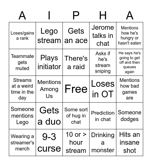 Aipha Stream Bingo Card