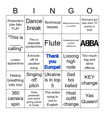 Eurovision 2024 Bingo Card