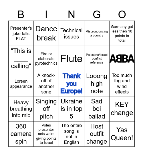 Eurovision 2024 Bingo Card