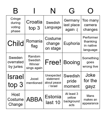 Eurovision 2024 Final Bingo Card