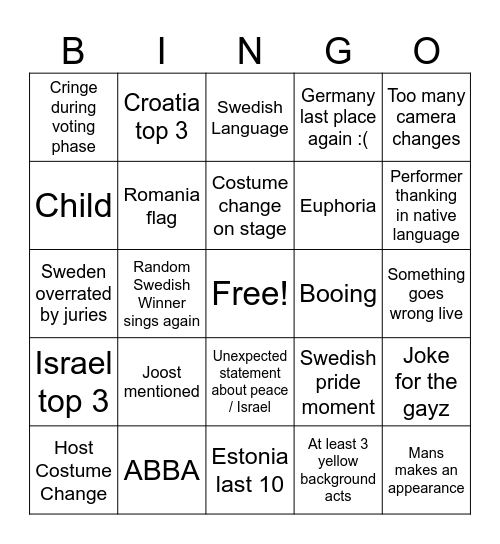 Eurovision 2024 Final Bingo Card