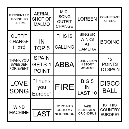 EUROVISION 2024 Bingo Card