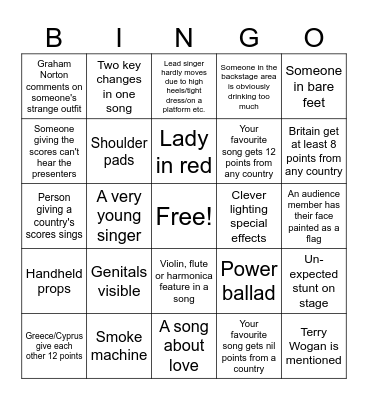 Eurovision Bingo Card