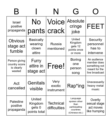 Eurovision Bingo Card