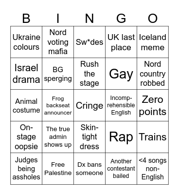 Eurovision 2024 Bingo Card