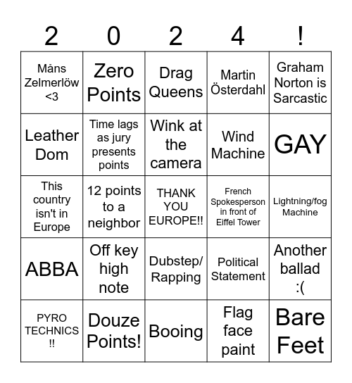 E U R O V I S I O N Bingo Card