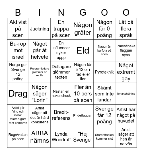 Eurovision Bingo Card