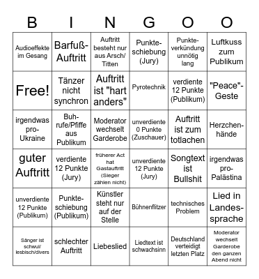 Eurovision Shitcontest 2024 Bingo Card