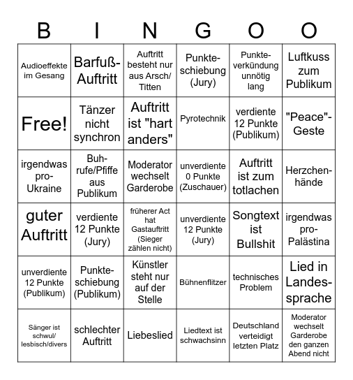 Eurovision Shitcontest 2024 Bingo Card