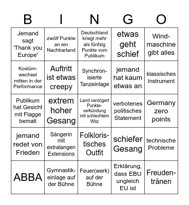 Eurovision Bingo Card