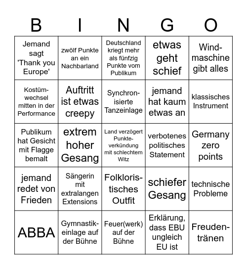 Eurovision Bingo Card