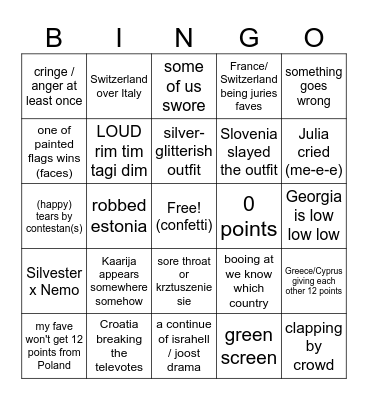 Eurovision 2024 Bingo Card