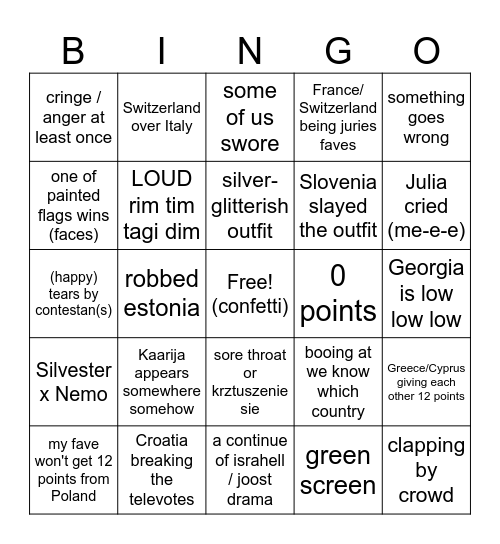 Eurovision 2024 Bingo Card