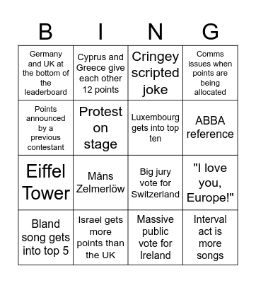 Eurovision Bingo 2024 Bingo Card