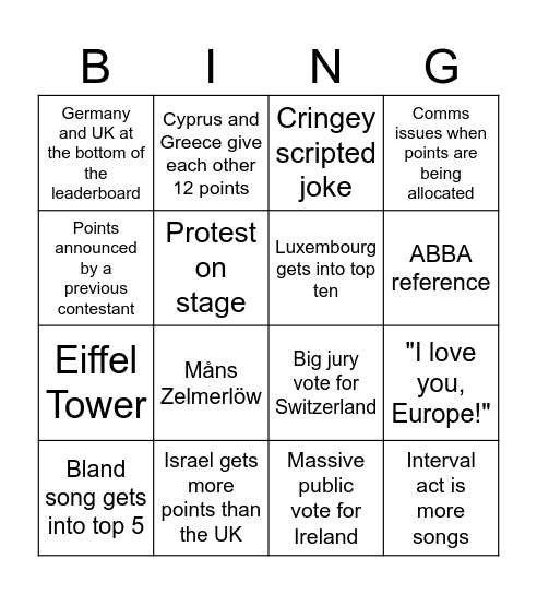 Eurovision Bingo 2024 Bingo Card