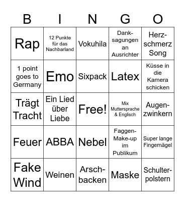 Eurovision Song Contest Bingo Card