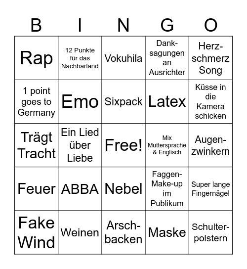 Eurovision Song Contest Bingo Card