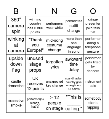 Eurovision 2024 Bingo Card