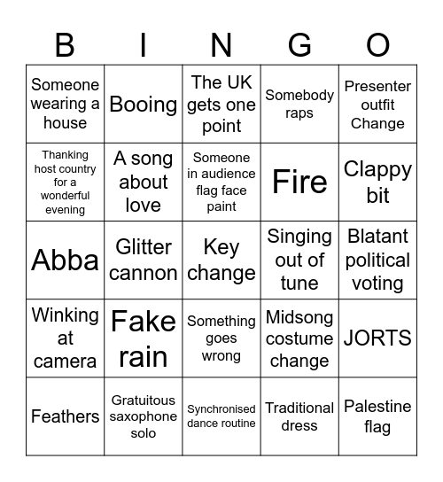 Eurovision Bingo Card