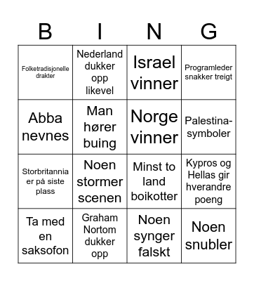 Eurovision bingo Card