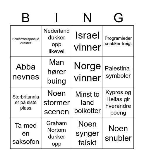 Eurovision bingo Card