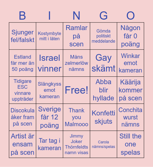 Eurovisoooon bingo! Drink per mark :) Bingo Card