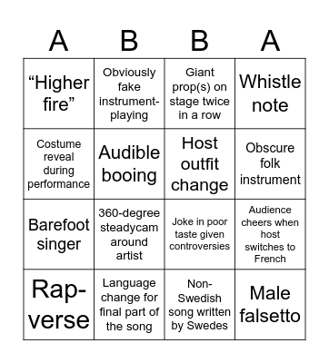 Eurovision Bingo 2024 Bingo Card