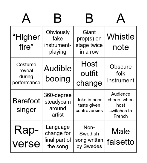 Eurovision Bingo 2024 Bingo Card