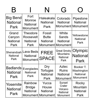 National Parks & Monuments Bingo Card