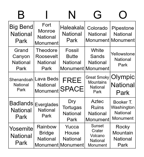 National Parks & Monuments Bingo Card