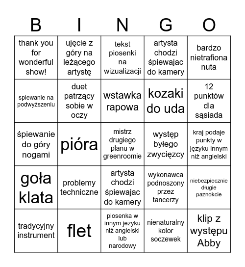 Eurovision 2024 Bingo Card