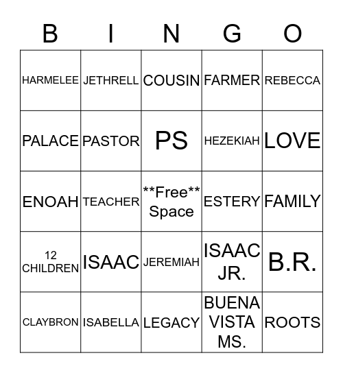 Cousin Family Bingo Card