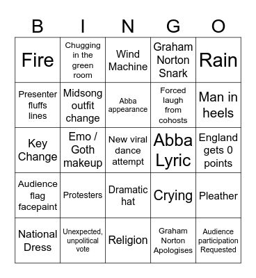 Eurovision 2024 Bingo Card