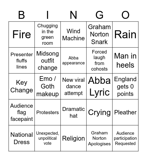 Eurovision 2024 Bingo Card