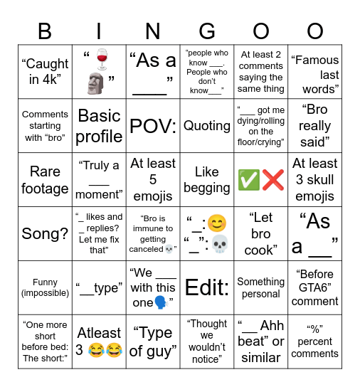 YT comments Bingo Card