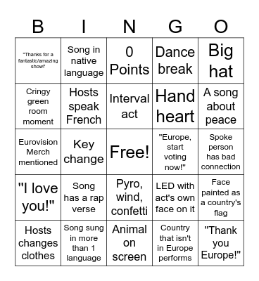 Eurovision 2023 Bingo Card