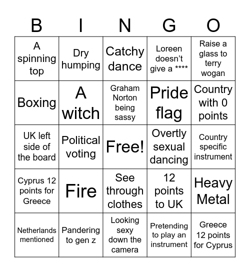 Eurovision Bingo Card