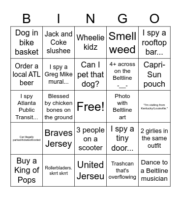 Shannon and Andrea's Excellent Beltline Crawl Bingo Card