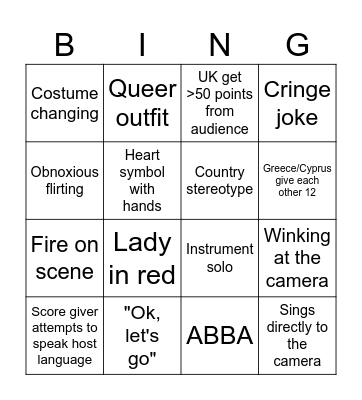 Eurovision 2024 Bingo Card