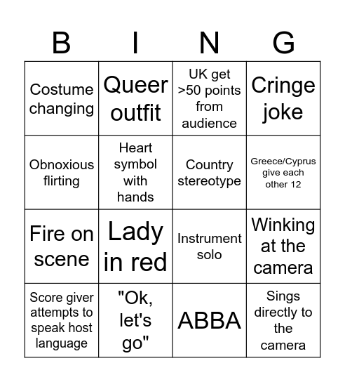 Eurovision 2024 Bingo Card