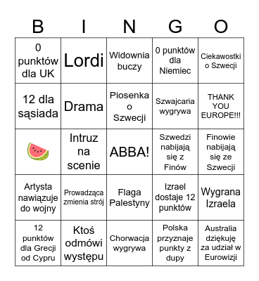 Eurowizja 2024 Bingo Card