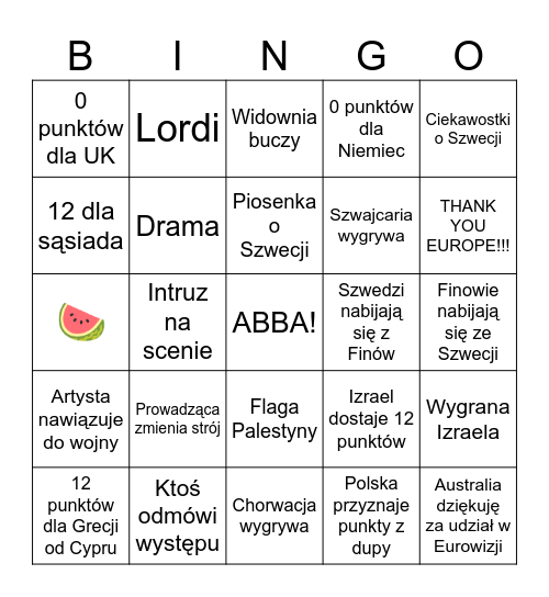 Eurowizja 2024 Bingo Card