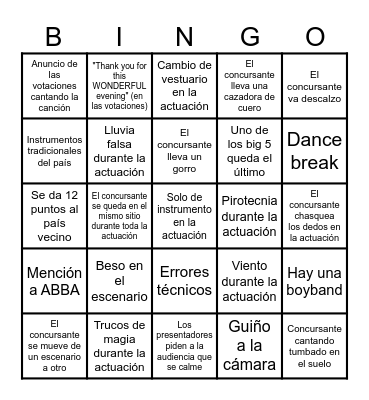 Eurovision 2024 Bingo Card