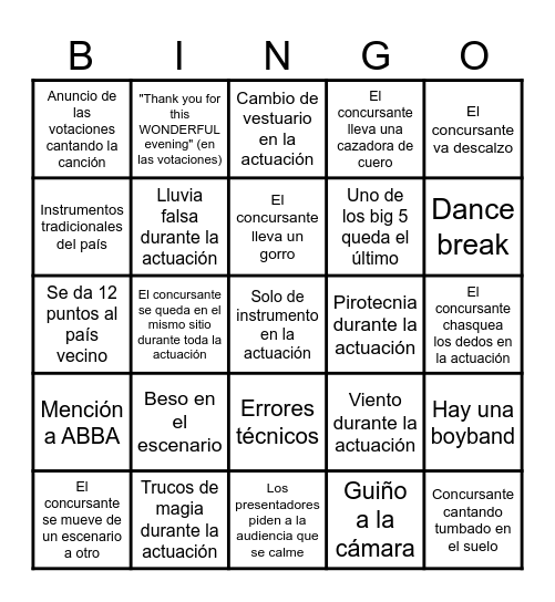 Eurovision 2024 Bingo Card