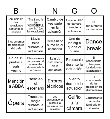 Eurovision 2024 Bingo Card