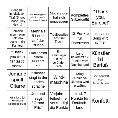 ESC Bingo 2024 Bingo Card