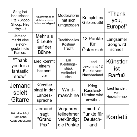 ESC Bingo 2024 Bingo Card